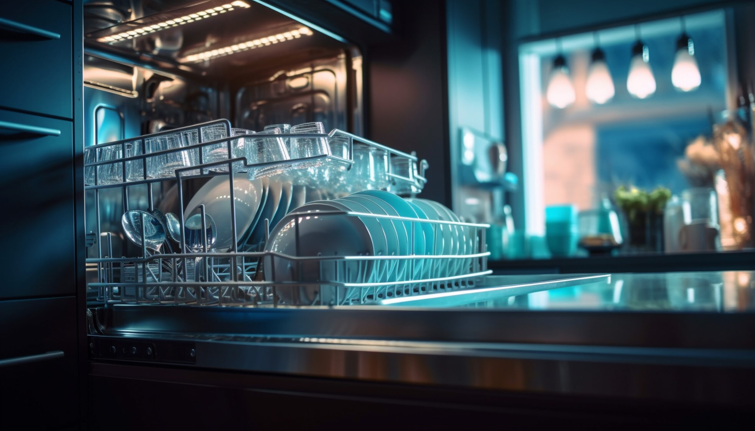 Clean dishwasher interior with organized dishes